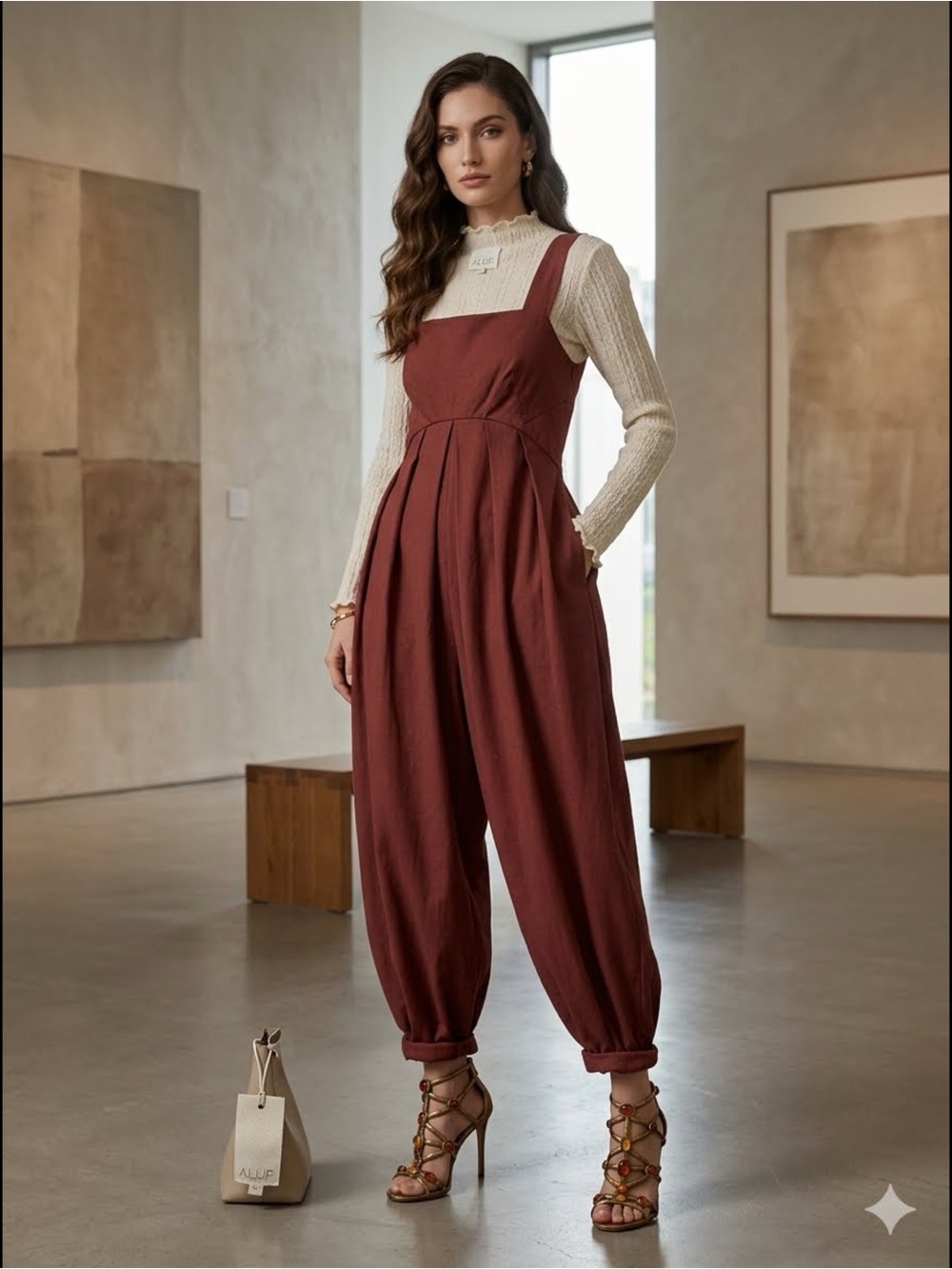 ALUF Brazilian Luxury Designer Runway Rust Pleated Harem Barrel Jumpsuit Size M
